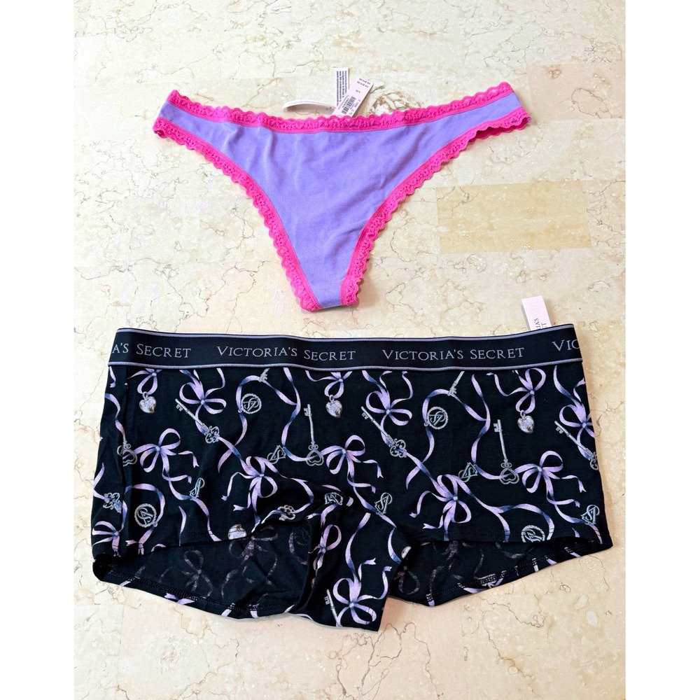 Victoria's Secret Womens Panties L 2-Pack Boyshort & Thong Black Purple Pink